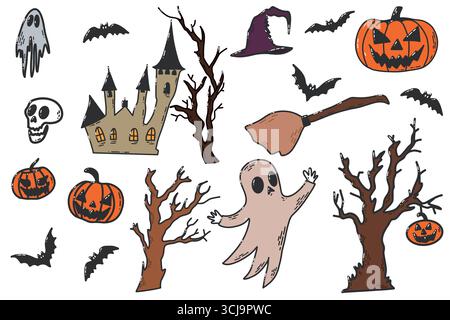 Éléments d'Halloween avec citrouilles, fantômes, Maison hantée et balai de sorcière volante Illustration de Vecteur