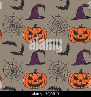 Motif d'Halloween sans couture avec citrouilles, chapeaux de sorcière, chauves-souris et toiles d'araignée Illustration de Vecteur
