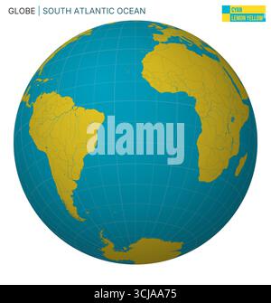Vecteur Globe centré sur l'océan Atlantique Sud. Palette jaune citron cyan. Carte du monde avec méridiens, parallèles, pays, rivières et lacs. Illustration de Vecteur