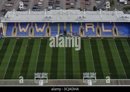 Vue aérienne générale du stade Halliwell Jones lors du match Betfred Super League Round 25 Warrington Wolves vs Leigh Leopards au stade Halliwell Jones, Warrington, Royaume-Uni, 6 septembre 2025 (photo Mark Cosgrove/News images) Banque D'Images