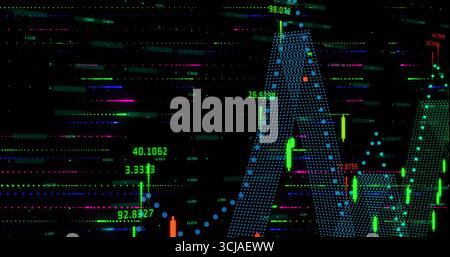 Affichage du graphique financier sur l'interface de trading sombre, avec des barres de chandelier néon et des lignes de grille Banque D'Images