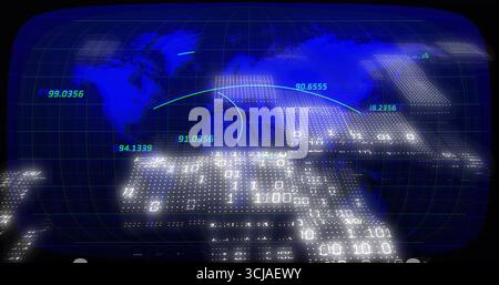 Affichage de la projection de la carte du monde sur le tableau de bord bleu, avec des étiquettes vertes, des arcs lumineux, des clusters binaires Banque D'Images