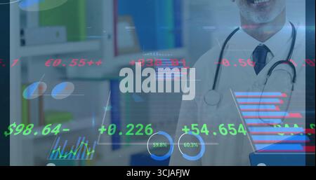 Médecin en comprimé de consultation de blouse blanche en clinique, avec stéthoscope et graphiques de données, espace copie Banque D'Images