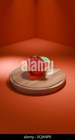 Rendu vertical d'une pomme de verre reposant sur une planche à découper en bois, sur un fond de coin rouge minimal. De fortes réflexions soulignent les s modernes Banque D'Images