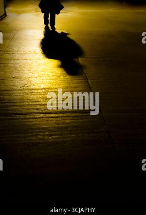 La silhouette d'une personne est projetée sur le sol, créant une longue ombre. Banque D'Images