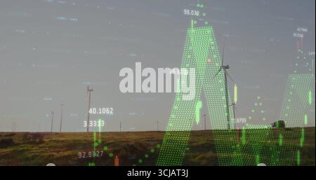Affichage d'une seule éolienne montrant la sortie d'énergie sur plaine herbeuse, avec superposition de données verte rouge Banque D'Images