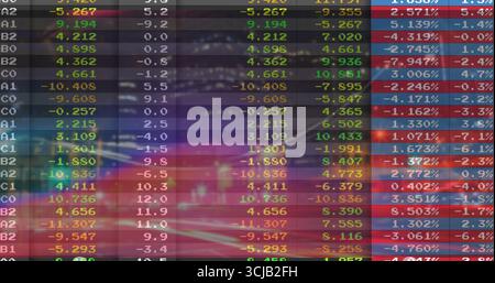 Affichage d'une grille financière transparente sur l'écran de la salle des marchés, avec codes couleur et valeurs Banque D'Images