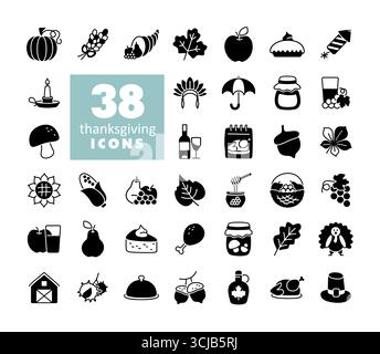 Un ensemble vectoriel complet de 38 icônes en noir et blanc liées à Thanksgiving, l'automne et la récolte. Inclut la nourriture, la nature et les symboles festifs pour HO Illustration de Vecteur