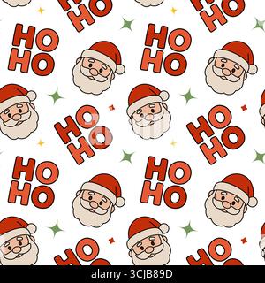 Motif de Noël vectoriel sans couture avec le visage mignon du Père Noël, le texte Ho Ho et les étoiles festives. Parfait pour le papier d'emballage des fêtes, les cartes de vœux, et Illustration de Vecteur