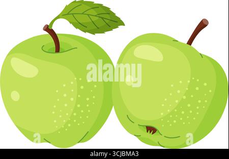 Pommes vertes fraîches avec des feuilles, fruits frais du jardin. Clipart alimentaire dessiné à la main. Fruit entier avec feuille verte, style plat isolé sur fond transparent. Illustration vectorielle Illustration de Vecteur