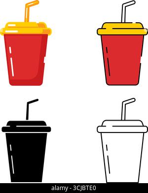 Définissez le paquet de boisson gazeuse Icon Fast Food Cup dans le dessin isolé vectoriel, Silhouette, linéaire et couleur de remplissage Illustration de Vecteur