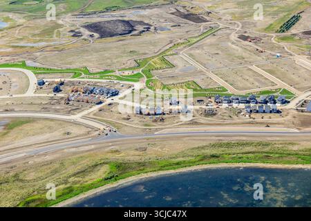 Vue aérienne du quartier Brighton de Saskatoon en regardant vers le sud. 20 août 2016 Banque D'Images