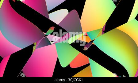 Une image abstraite présentant des formes géométriques entrelacées avec une toile de fond de dégradés de couleurs vives, y compris le rose, le vert et le jaune, placés contre un dra Banque D'Images