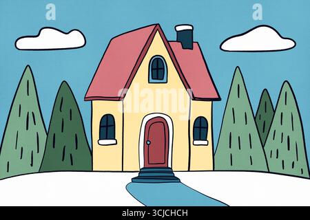 Une charmante illustration d'un cottage jaune pittoresque avec un toit rouge, niché parmi les grands conifères. Le paysage enneigé et le ciel bleu évoquent une victoire sereine Banque D'Images