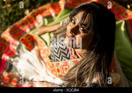 Femme indienne dans des baskets sari traditionnelles vibrantes à la lumière du soleil naturelle, entourée de textiles colorés. Son expression sereine incarne la richesse culturelle Banque D'Images
