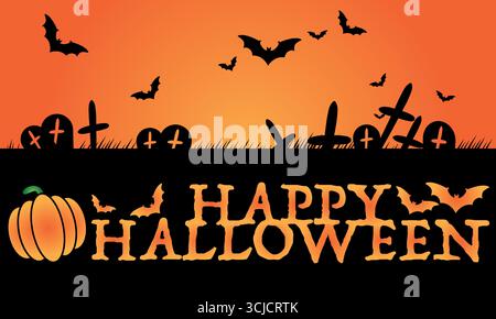 Happy Halloween bannière, décoration de fond saisonnière avec des chauves-souris, des citrouilles et une silhouette de cimetière Illustration de Vecteur