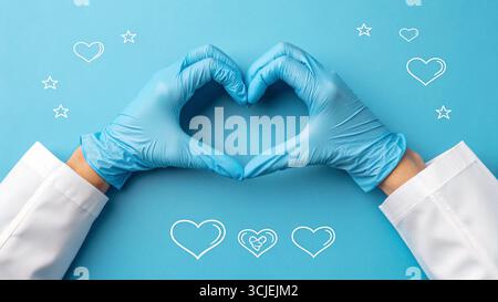 Mains du médecin dans des gants médicaux en forme de coeur avec fond bleu Banque D'Images
