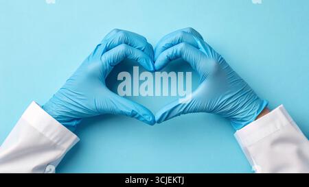 Mains du médecin dans des gants médicaux en forme de coeur avec fond bleu Banque D'Images