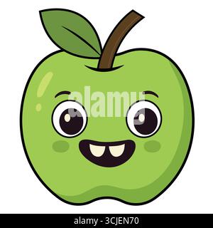 Smiling Green Apple Cartoon avec feuille – caractère de fruit mignon pour enfants et autocollants Illustration de Vecteur