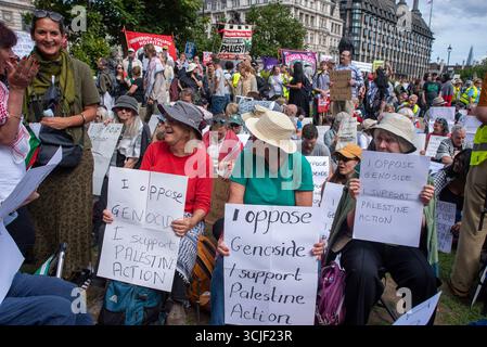 Londres, Royaume-Uni. 06 septembre 2025. Les manifestants tiennent des pancartes sur la place du Parlement. Des manifestants se sont rassemblés sur la place du Parlement. Les manifestants visaient à montrer leur soutien à l'action palestinienne et à exiger du gouvernement britannique qu'il retire l'organisation de la liste des terroristes. (Photo de Krisztian Elek/SOPA images/SIPA USA) crédit : SIPA USA/Alamy Live News Banque D'Images