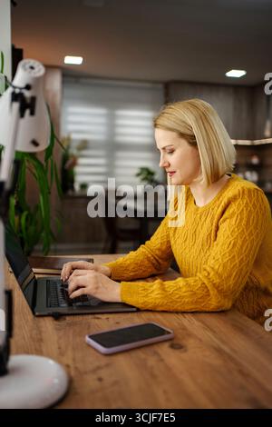 Espace de travail créatif où une femme concentrée tape sur son ordinateur portable tout en profitant d'un cadre intérieur confortable dans l'après-midi Banque D'Images