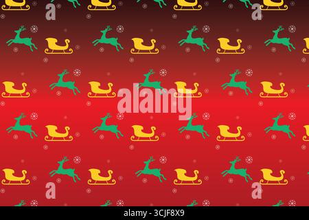 Un motif sans couture sur le thème de Noël avec des rennes verts et des traîneaux jaunes entrecoupés de flocons de neige blancs sur un fond rouge dégradé. Illustration de Vecteur