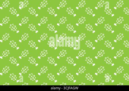 Cette image présente un motif sans couture de feuilles de houx blanches stylisées, chacune ornée de deux petites baies blanches, sertie contre un bac vert citron vibrant Illustration de Vecteur