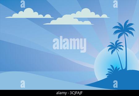 Découvrez la sérénité d'une île tropicale au coucher du soleil avec cette superbe illustration vectorielle. Les palmiers silhouettés se balancent doucement sur une toile de fond O. Illustration de Vecteur