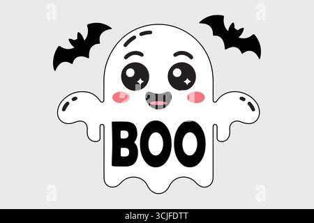 Fantôme ludique avec Boo Text, illustration de dessin animé vectoriel d'Halloween mignon. Illustration de Vecteur