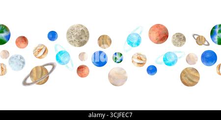 Bordure d'aquarelle sans couture avec des planètes dessinées à la main du système solaire : Mercury, Vénus, Terre, mars, Jupiter, Saturne, Uranus, Neptune. Isolé sur whi Banque D'Images