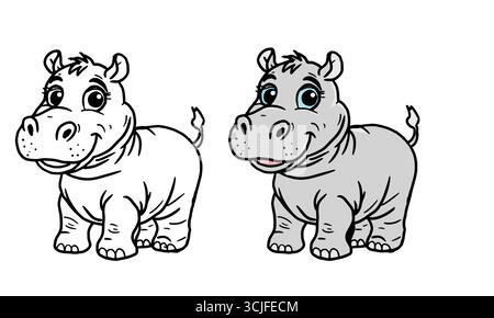 Hippopotame drôle avec des yeux mignons, simple croquis noir et blanc et couleur. Illustration vectorielle. Un concept de livre à colorier pour les enfants, le dessin est isolé Illustration de Vecteur