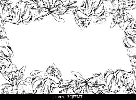 Yaourt glacé tourbillonnant crème glacée molle servie en cornet de gaufrette avec fleur d'orchidée vanille et gousses. Illustration de bordure graphique vectorielle dessinée à la main à l'encre Illustration de Vecteur