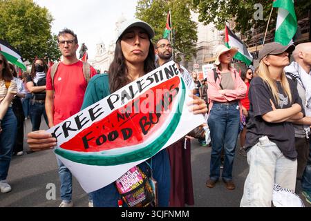 Londres, Royaume-Uni. 6 septembre 2025. Environ 200 000 personnes ont défilé dans le centre de Londres pour réclamer un cessez-le-feu à Gaza et une action internationale plus forte contre le gouvernement israélien accusé de génocide à Gaza. Crédit : Anna Watson/Alamy Live News Banque D'Images
