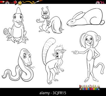 Illustration de bande dessinée de drôles d'animaux sauvages collection de personnages comiques page de coloriage Illustration de Vecteur