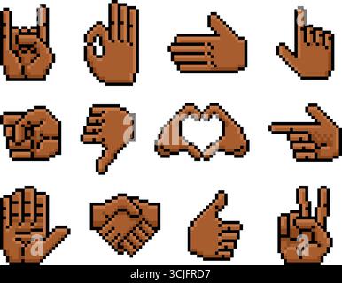 Jeu d'icônes Pixel Art Hand gestes Retro 8 bits Illustration de Vecteur