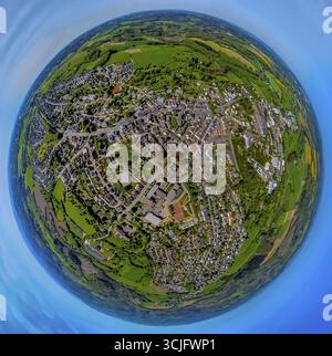 Vue aérienne, zone résidentielle, rond-point Westring et Prioreier Strasse, globe terrestre, image fisheye, image à 360 degrés, monde minuscule, petite planète, fis Banque D'Images