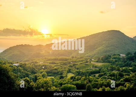 Coucher de soleil italien sur une vallée avec paysage viticole rural verdoyant par les collines et les montagnes en été Banque D'Images