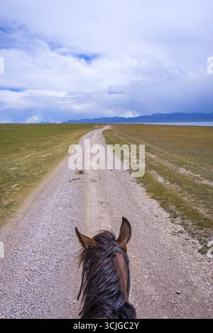 Vue à la première personne depuis le cheval autour du lac Song Kul, Kirghizistan Banque D'Images