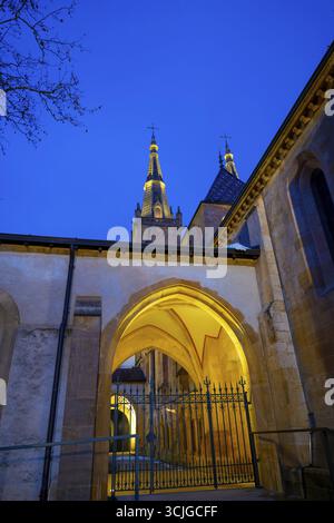 Belle Cathédrale Collegiale de Neuchâtel contre ciel au crépuscule dans la ville de Neuchâtel, Canton Neuchâtel, Suisse Banque D'Images