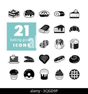 Un simple ensemble de 21 icônes de glyphe présentant des produits de boulangerie comme des gâteaux, des pâtisseries, des biscuits et divers pains. Cette collection est parfaite pour les menus, la nourriture blo Illustration de Vecteur