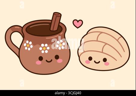 Café de Olla, café mexicain traditionnel et couple de pain sucré Concha. Visages Kawaii et cœur mignon. Illustration vectorielle de dessin animé simple. Illustration de Vecteur