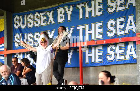 Crawley , Royaume-Uni , 7 septembre 2025 - les fans de Brighton pendant le match de football Barclays Women's Super League entre Brighton & Hove Albion et Aston Villa au Broadfield Stadium , Crawley , Royaume-Uni : crédit Simon Dack /TPI/ Alamy Live News Banque D'Images