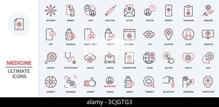 Médecine et télémédecine, rendez-vous médical à la clinique et consultation à distance pour le patient dans l'application téléphonique jeu d'icônes. Pharmacie, gadget mince noir et rouge illustration vectorielle de symboles de contour Illustration de Vecteur