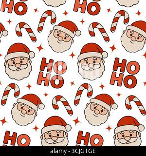 Motif de Noël vectoriel sans couture avec le visage du Père Noël, la canne à bonbons, le texte Ho Ho et les étoiles festives. Parfait pour le papier d'emballage de vacances, les cartes de voeux Illustration de Vecteur