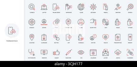 Produits pharmaceutiques, soins médicaux pour le traitement et l'assurance, pilules et vitamines ligne ensemble d'icônes. Prescription de médecin, rendez-vous en ligne sur calendrier mince noir et rouge illustration vectorielle de symboles de contour Illustration de Vecteur