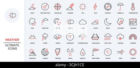 Prévisions météorologiques, calendrier des saisons d'hiver et d'été, icône de ligne de température définie. Pluie et nuages, soleil et éclair, tornade tempête mince noir et rouge illustration vectorielle de symboles de contour Illustration de Vecteur