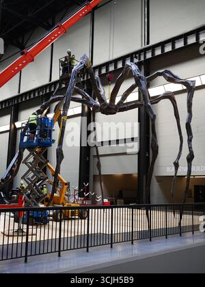 Le personnel de la Tate Modern Work Moving Maman, la sculpture d'araignée de l'artiste Louise Bourgeois. Galerie d'art contemporain Tate Modern, Londres, Royaume-Uni Banque D'Images