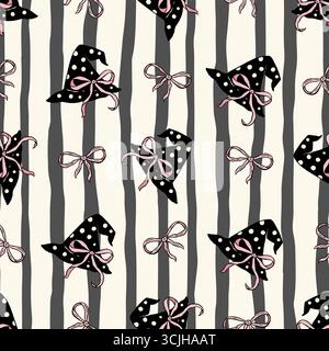 Retro Halloween Seamless Pattern Witch Hat et Pink Ribbon Coquette Vector fond Vintage Paper Illustration de Vecteur