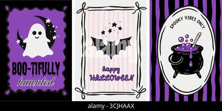 Rétro rose Halloween Poster Flyer Set Whimsical Doodle Coquette Cute Card Vector with Ghost Bat Cauldron Spooky Collection Illustration de Vecteur