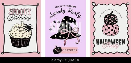 Rétro rose Halloween Poster Flyer Set Whimsical Doodle Coquette Cute Card Vector with Witch Hat Cupcake Pumpkin Party Collection Illustration de Vecteur